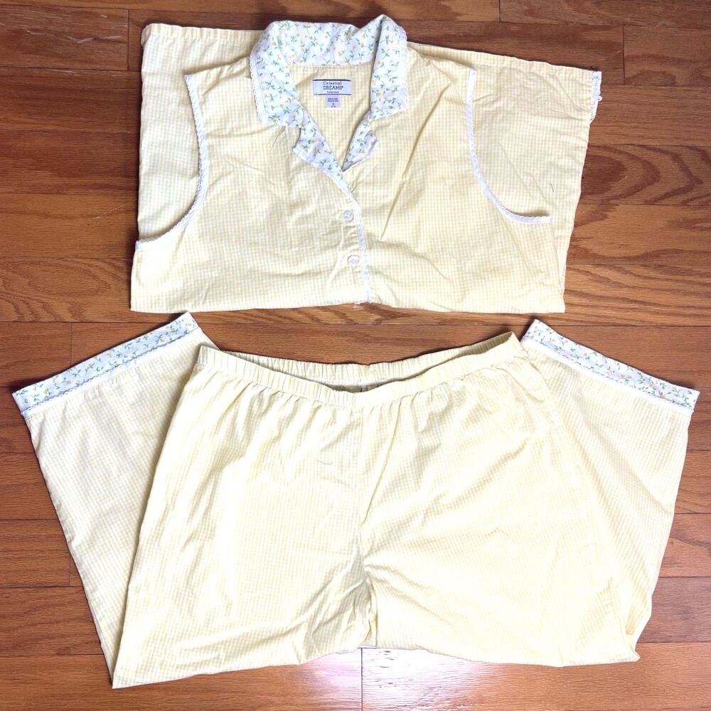 Celestial Dreams Gingham Lace Satin Trim Pajama Set M 8-10 Cottage Shabby Chic